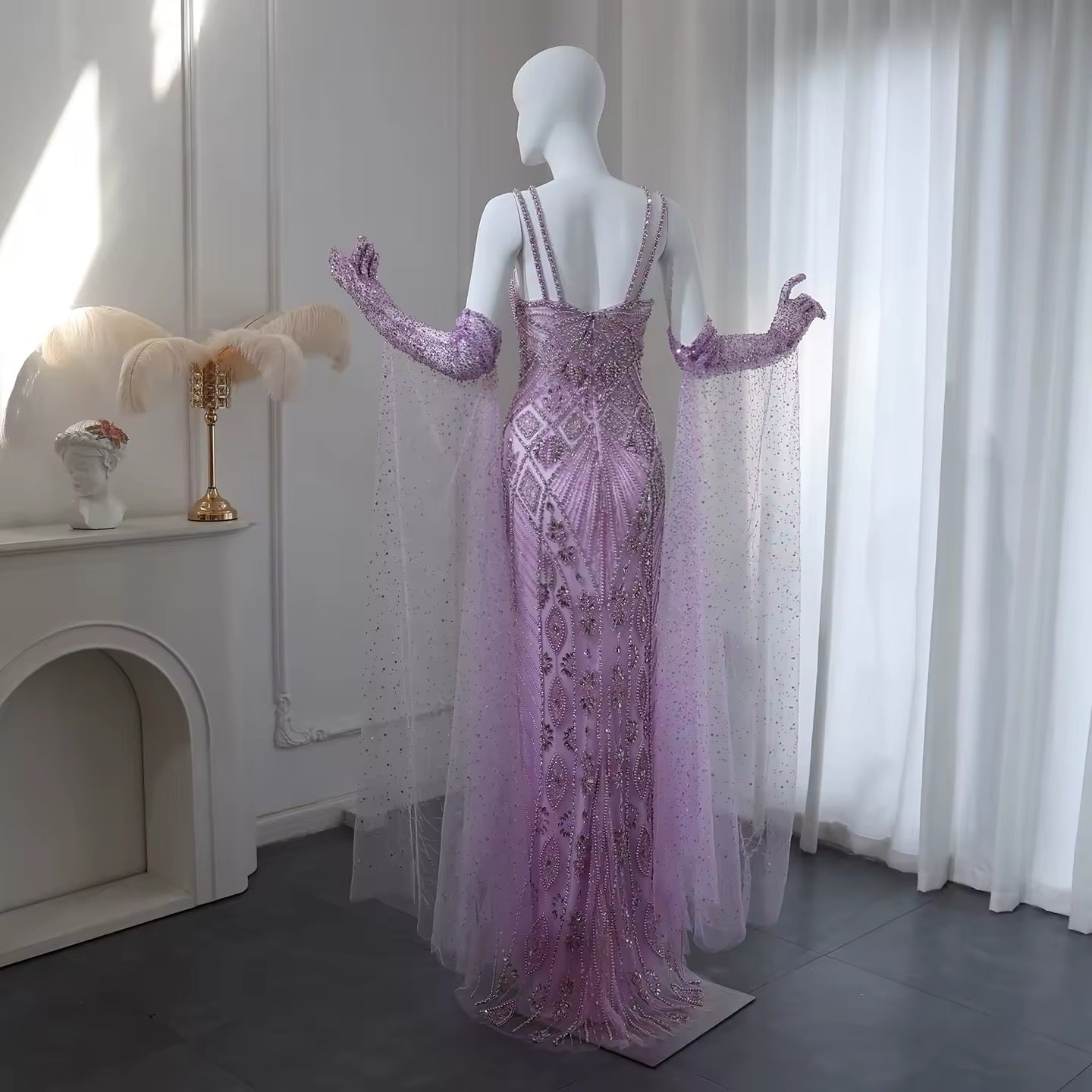 Luxury Lilac Evening Dress with Gloves Cape Sleeves Long Straight