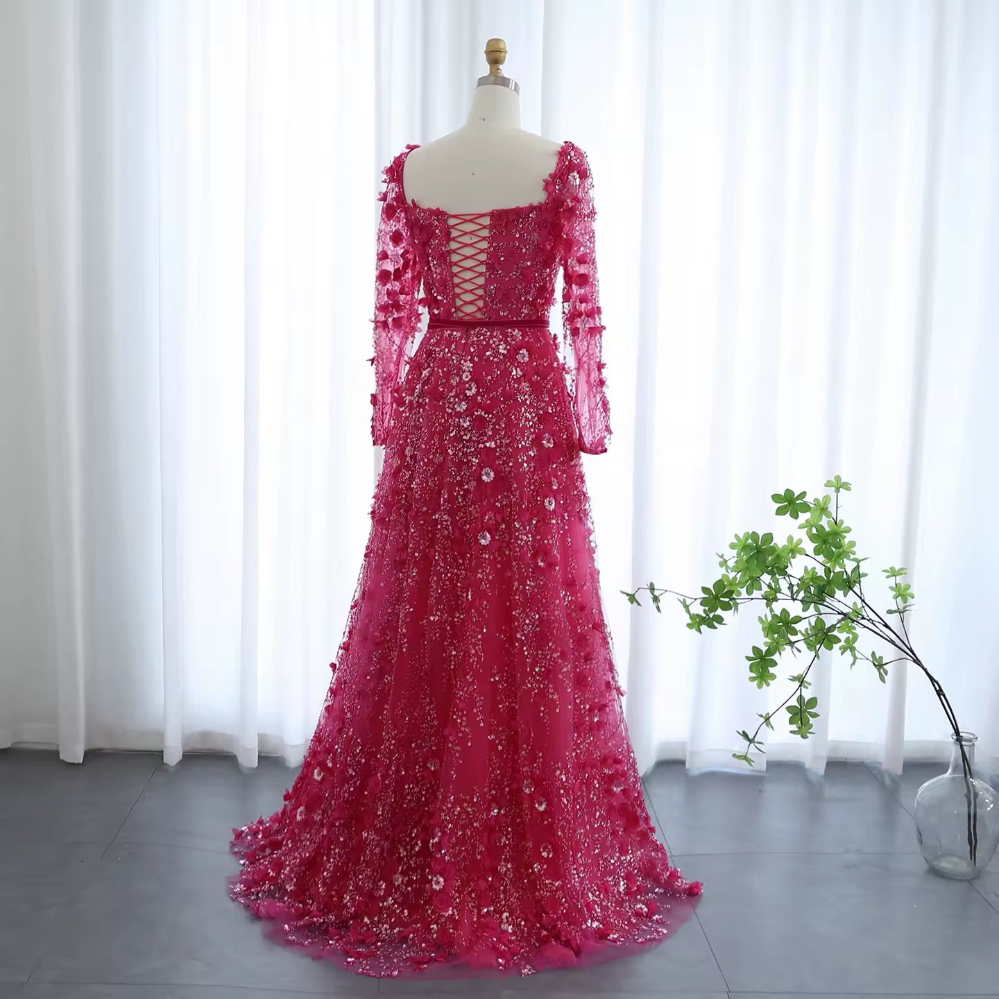 Luxury 3D Flower Long Sleeves Evening Dress