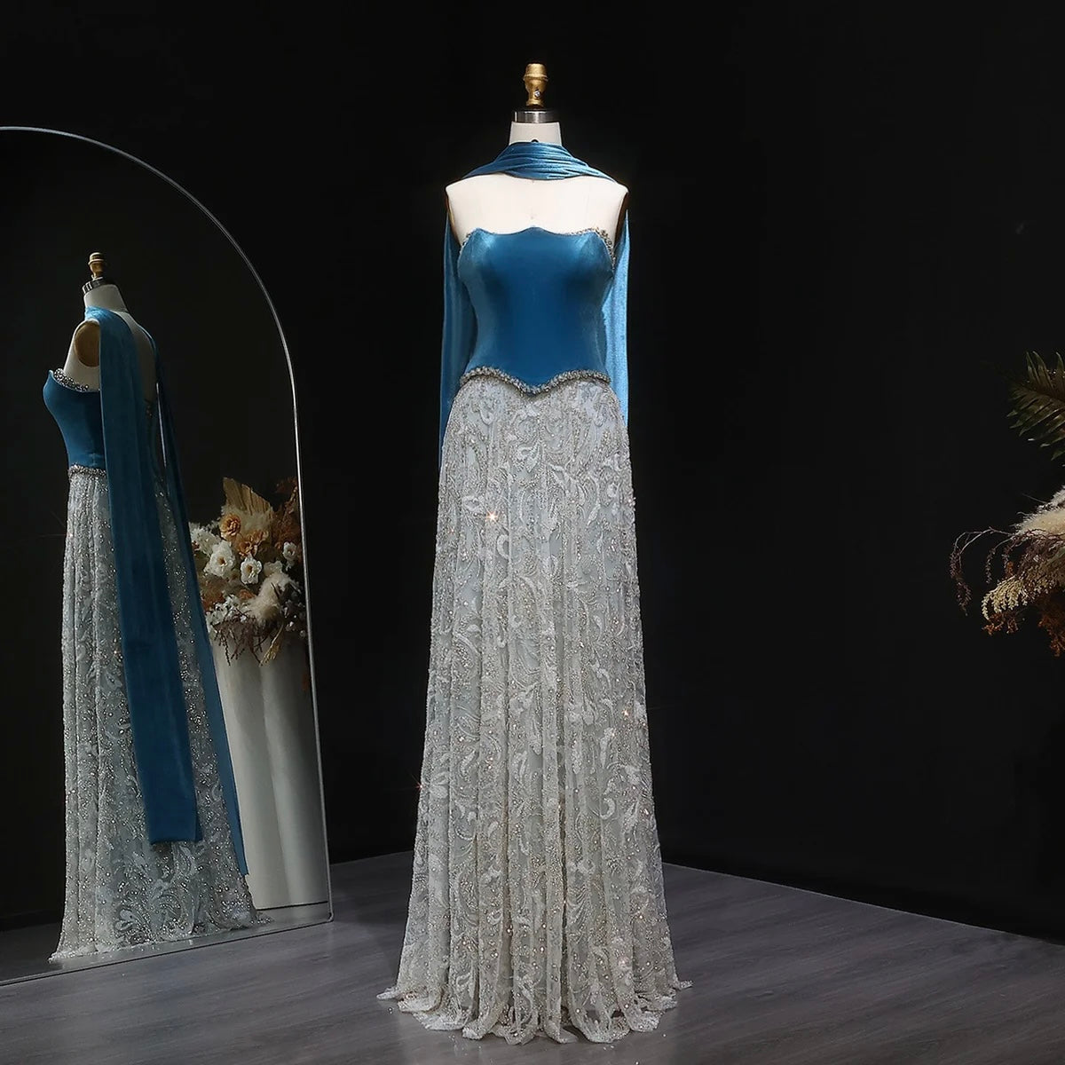 Gown with Velvet Corset & Flowing Scarf Drape