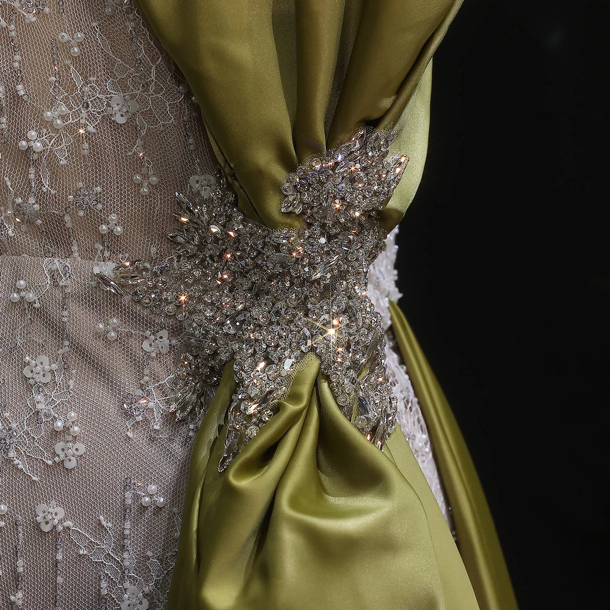 Strapless Crystal Gown with Satin Side Bow and Train