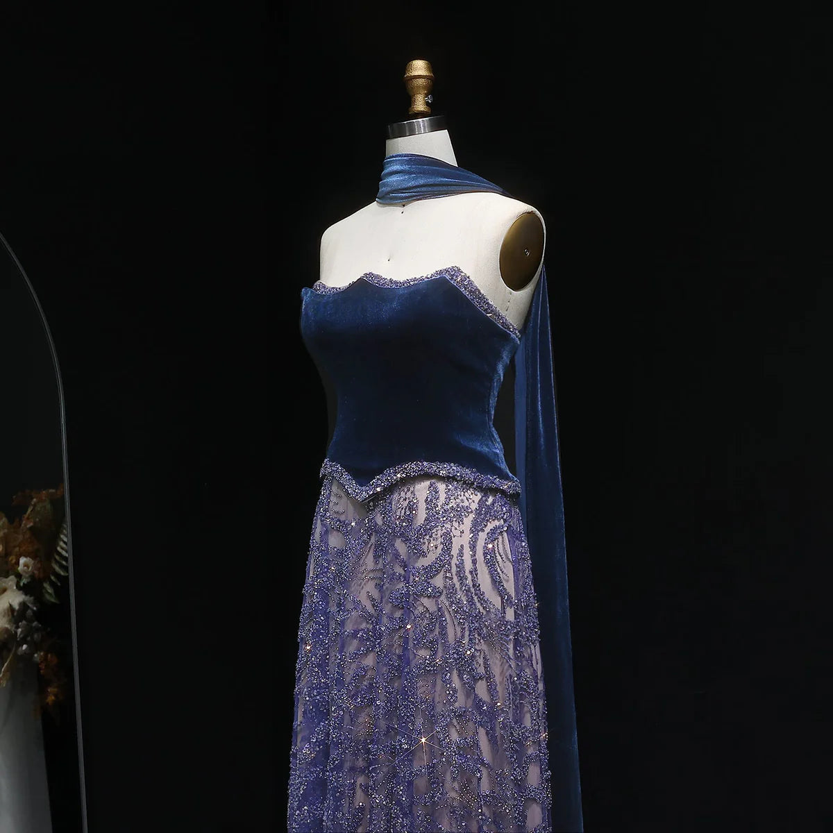 Gown with Velvet Corset & Flowing Scarf Drape