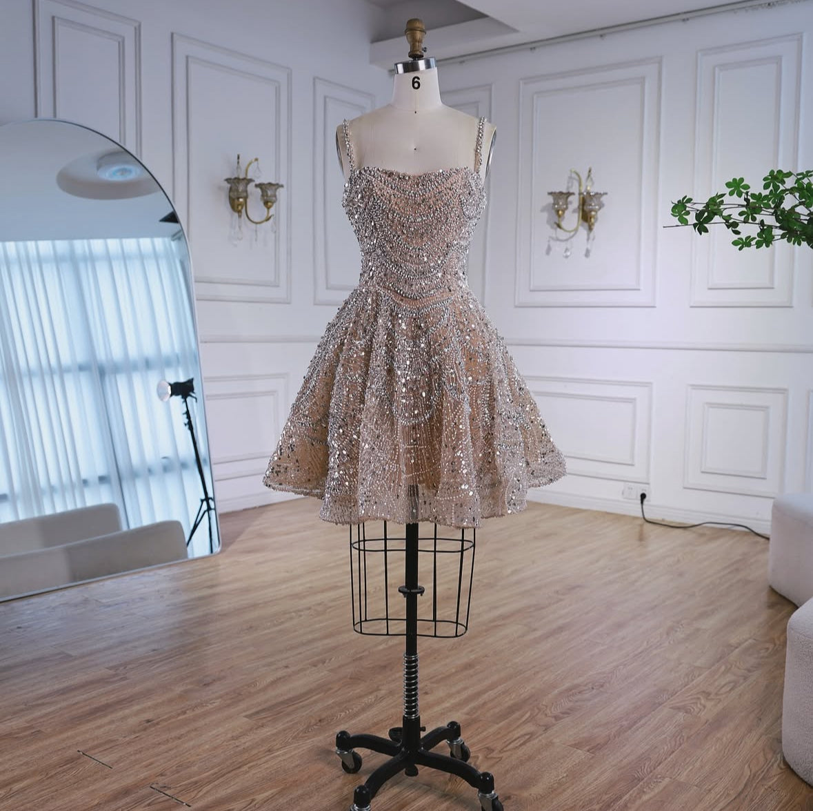 Luxury Nude Crystal A-Line Short Sparkly Cocktail Party Dress