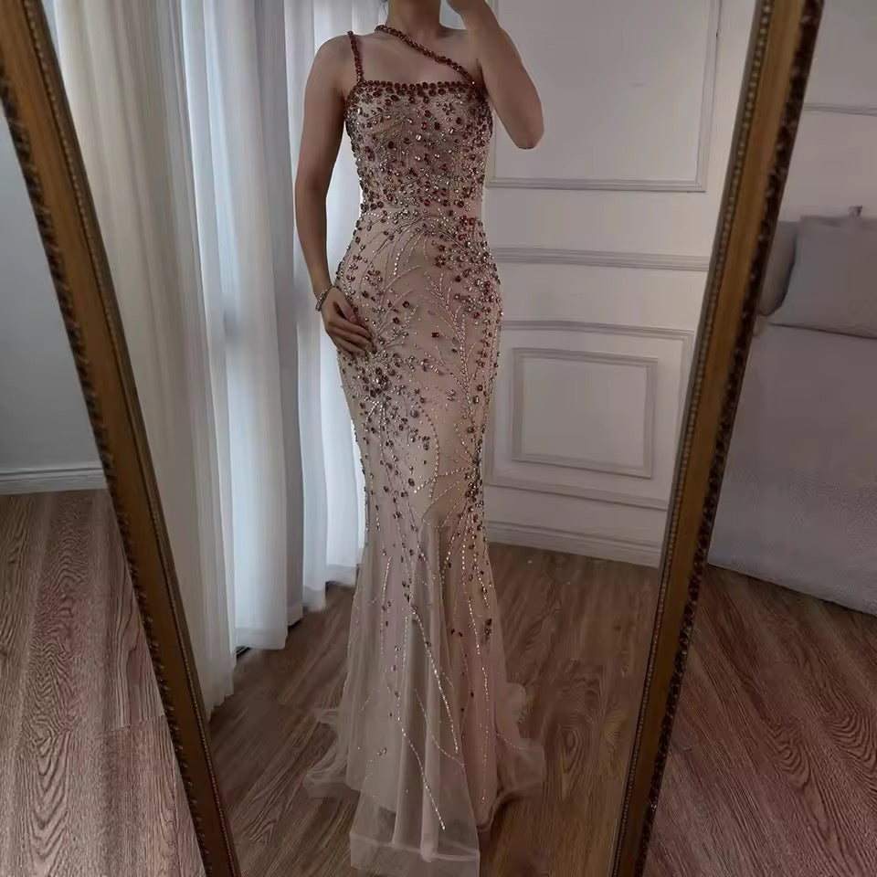 “Cherry Sparkle” Gown Red Crystal Beaded One-Shoulder Design