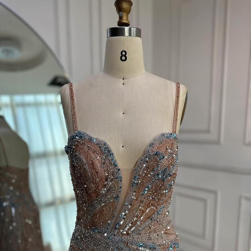 Beaded Evening Gown Available in Emerald Green & Nude