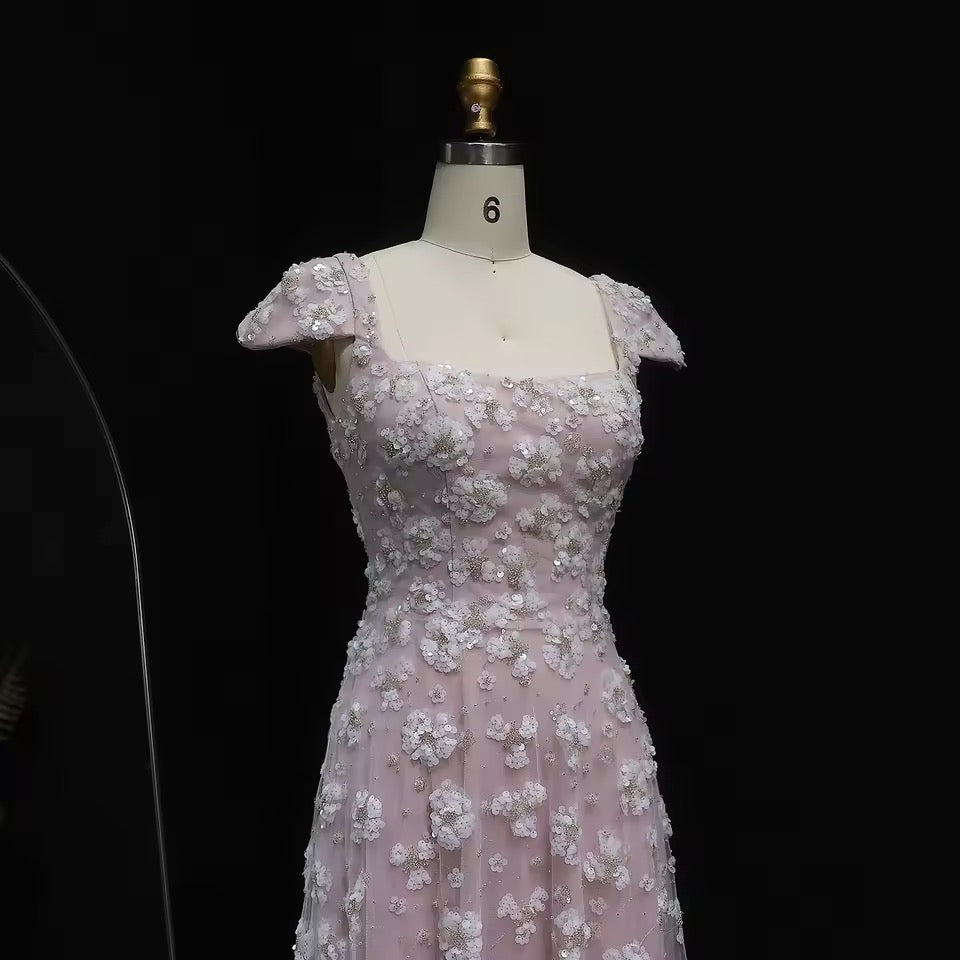 “Rose Dew” Gown – Soft Pink with 3D Floral Embroidery