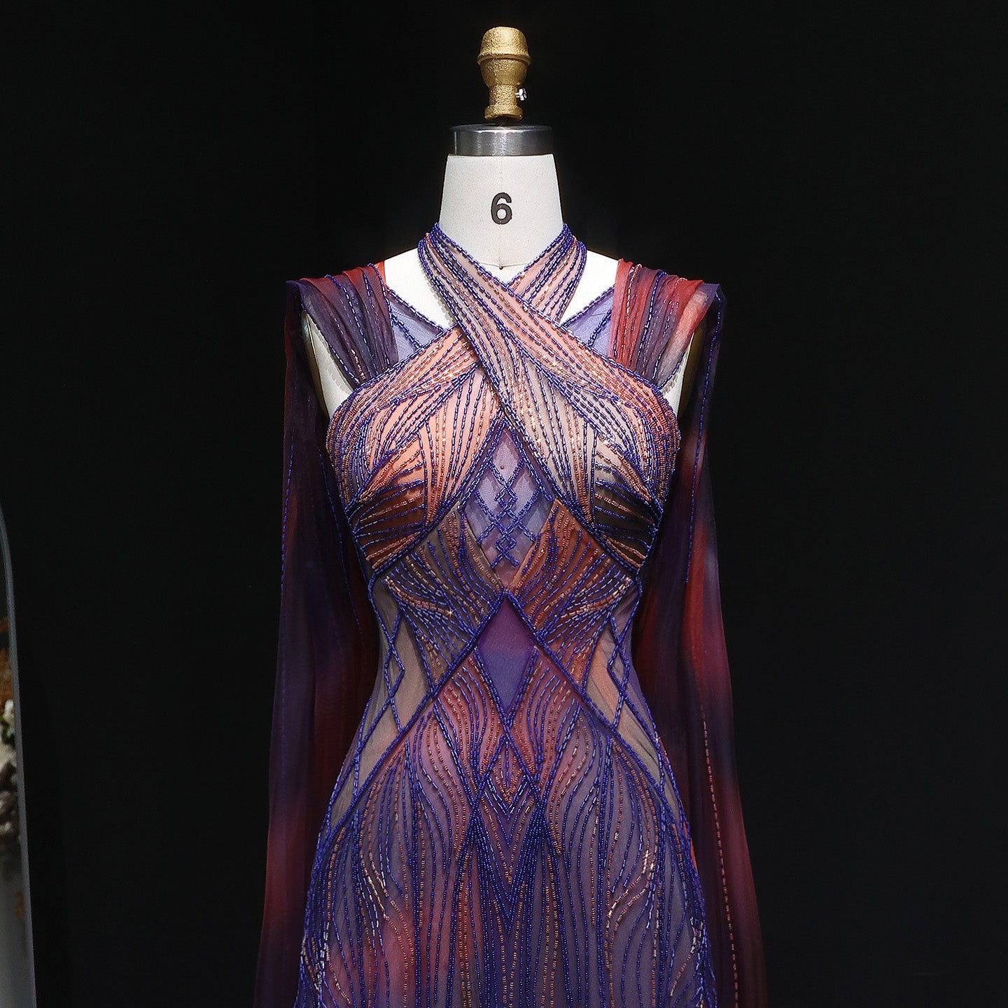 “Sunset Glow” Gown Hand Embroidered Luxury Dress in Violet & Fire Tones with Flowing Cape