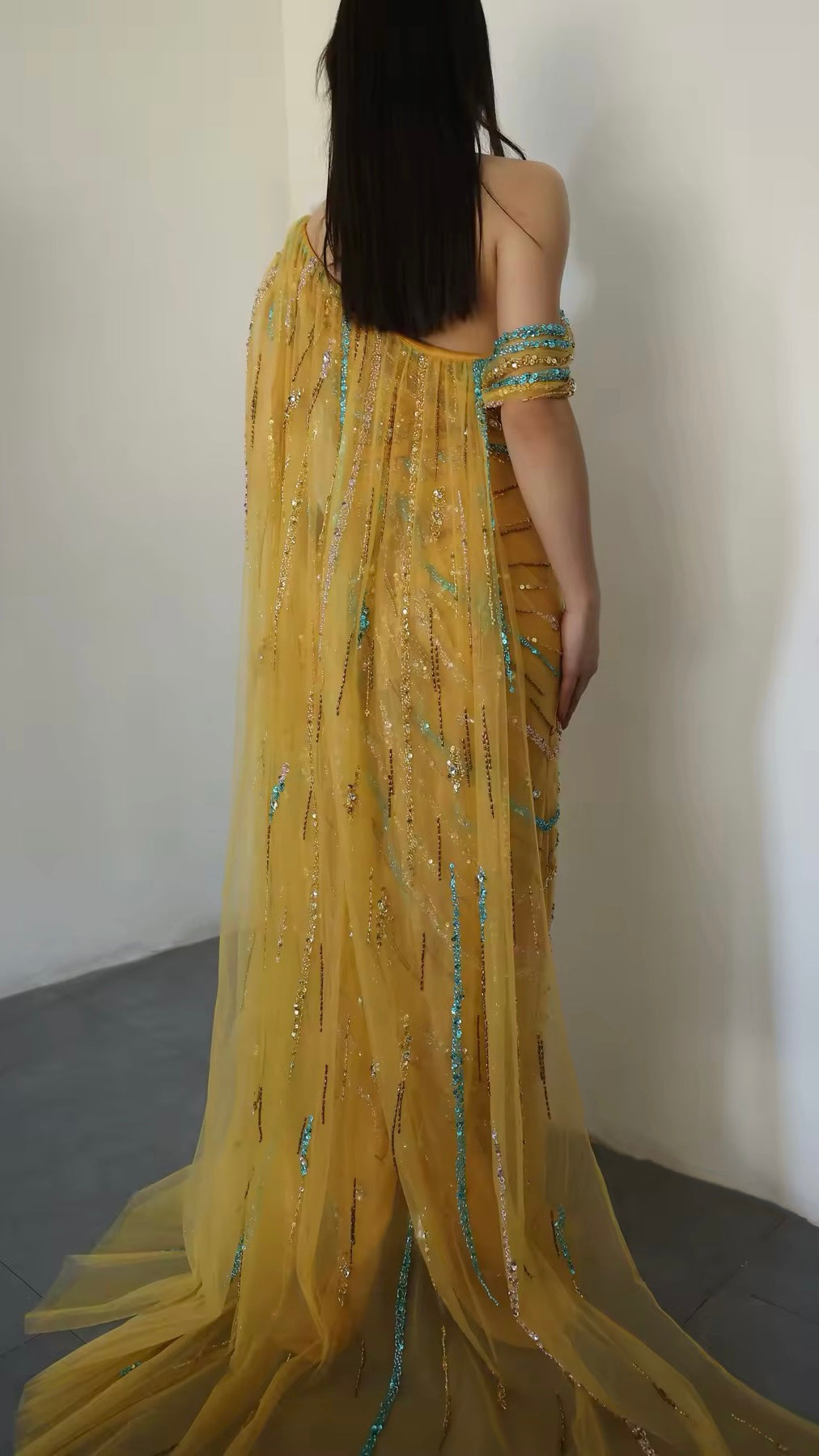 Luxury Gold Yellow Evening Dress with Cape One Shoulder