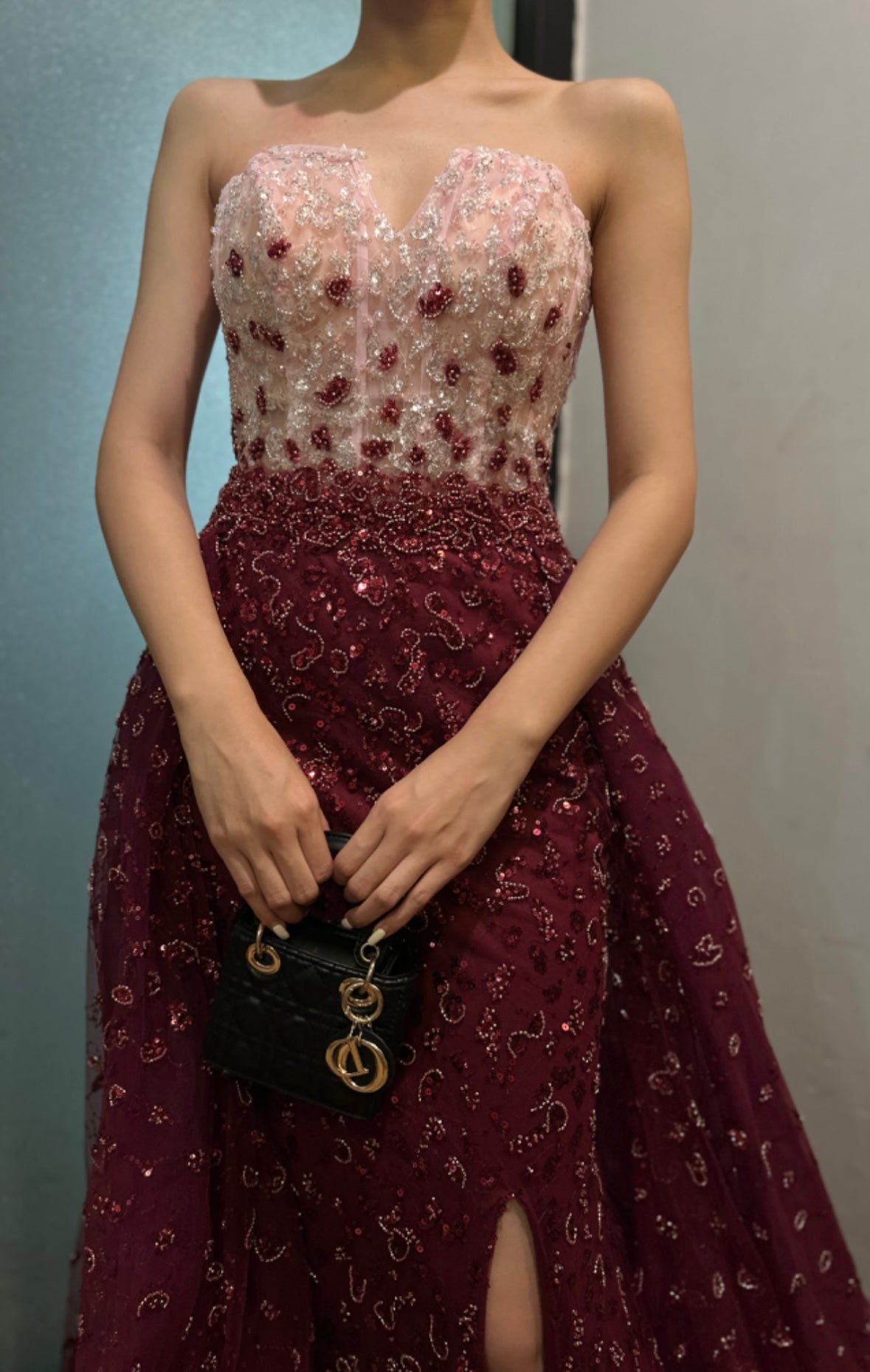 Elegant Burgundy-Blue Ball Gown with Embellished Corset