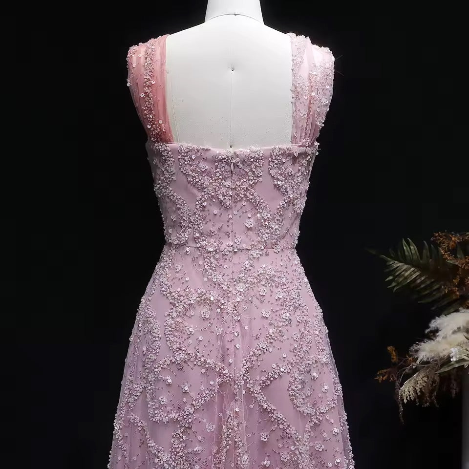 Elegant Dusty Rose Ombré Gown with Crystal Embroidery