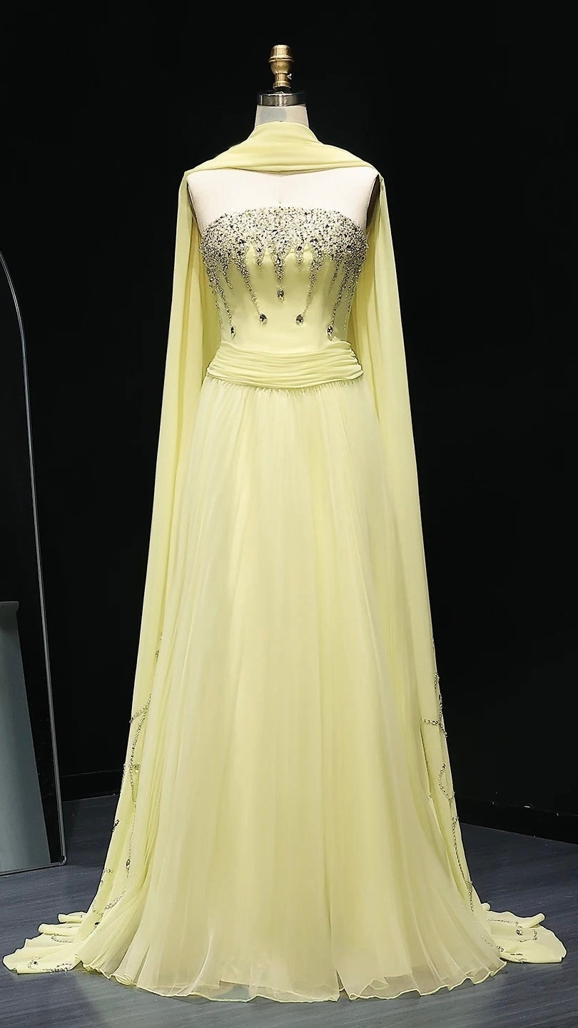 Elegant Strapless Yellow Evening Dress with Cape Luxury Crystal