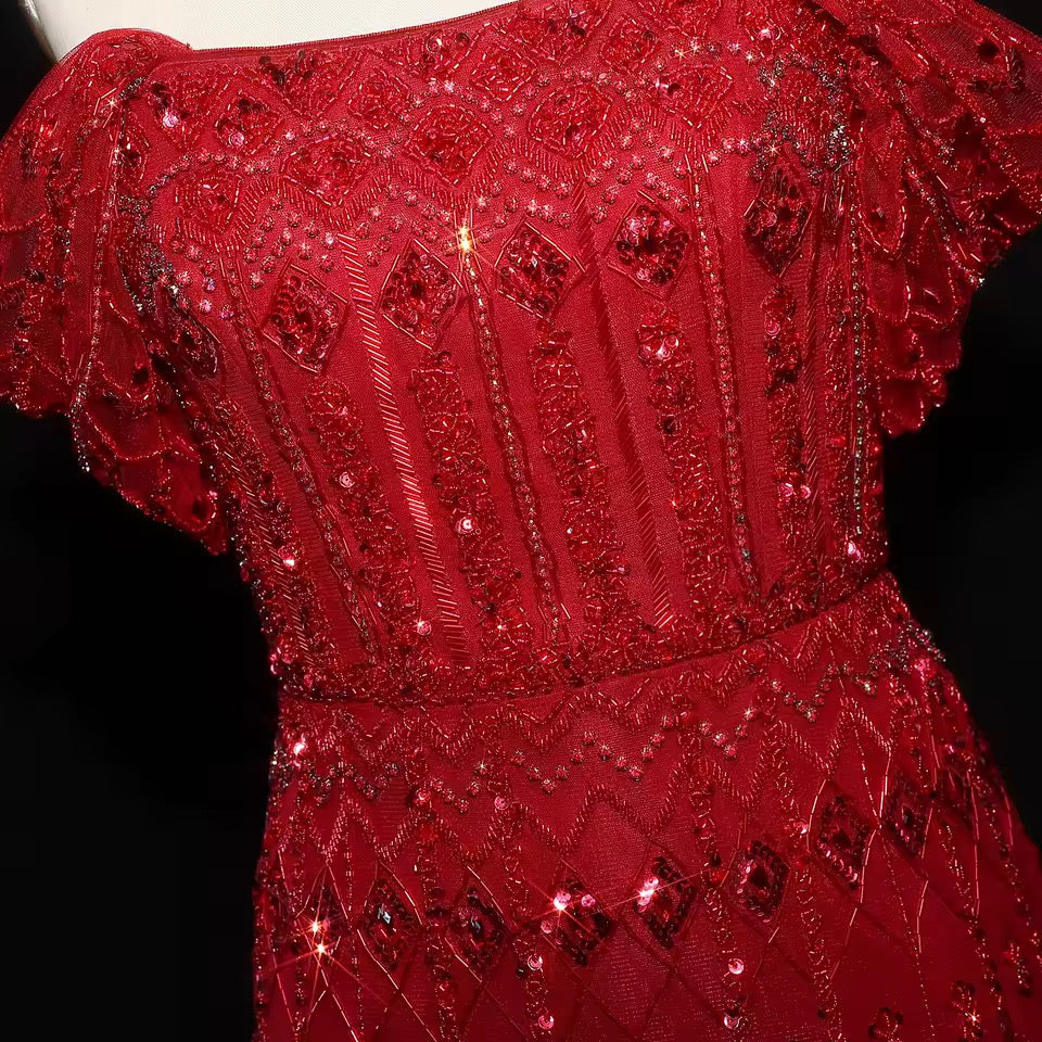 Crystal Glow” Gown – Off-shoulder embellished evening dress, available in two sleeve styles