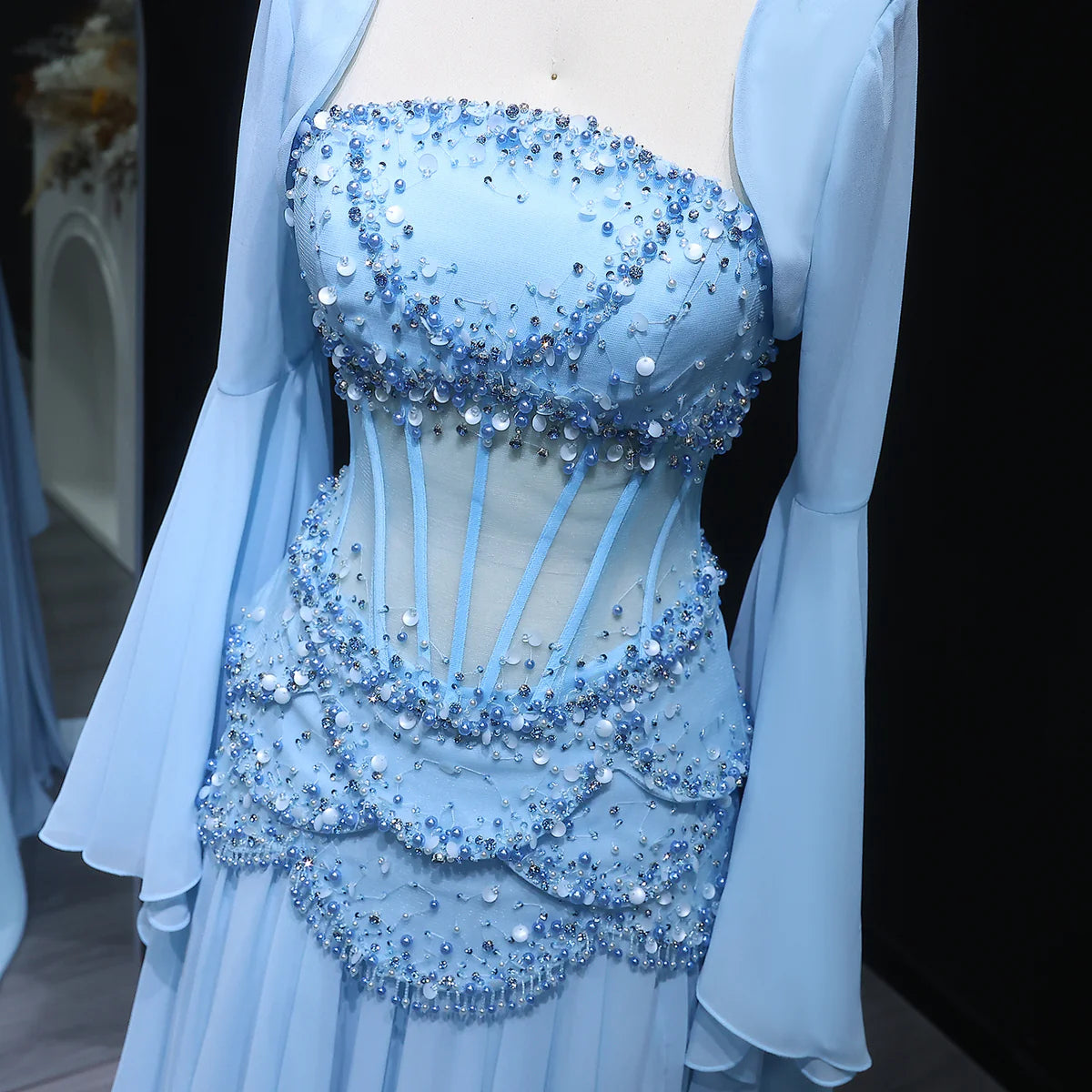 Sky Blue Layered Corset Dress with Pearls and Beads
