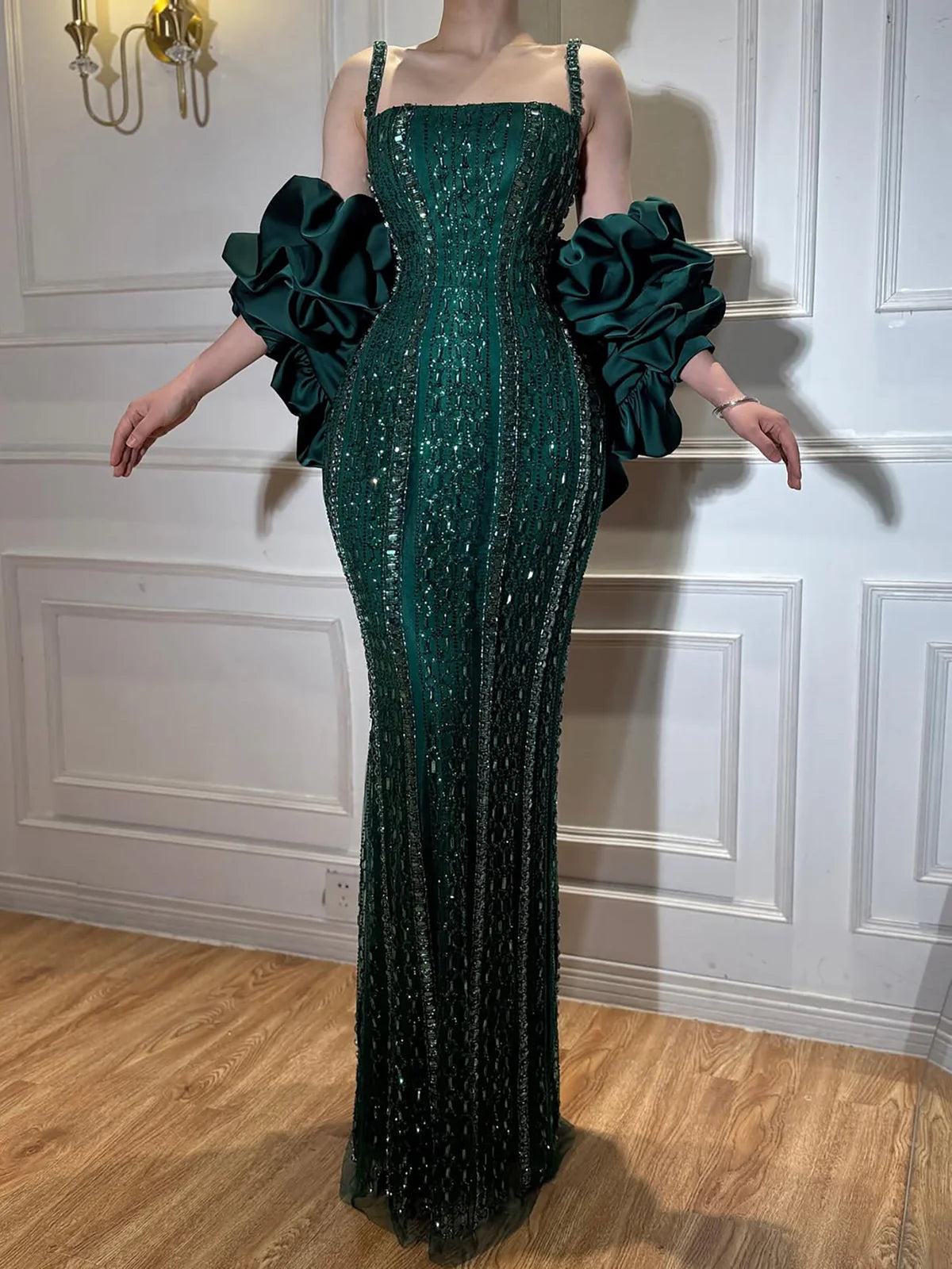 Luxury Slim-Fit Gown with Grand Satin Puff Sleeves