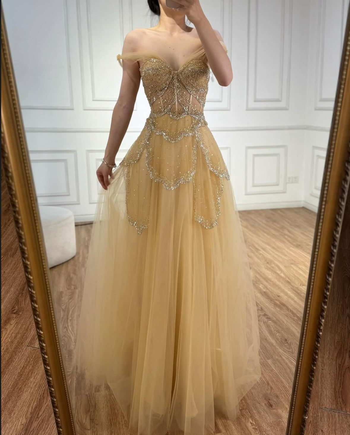 A-Line Elegant Spaghetti Strap Luxury Beaded Evening Dress