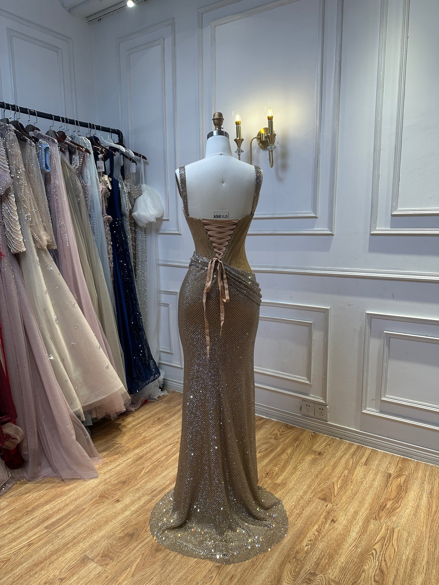 Elegant Beige Evening Dress with Shimmering Crystal Wrap and High Slit