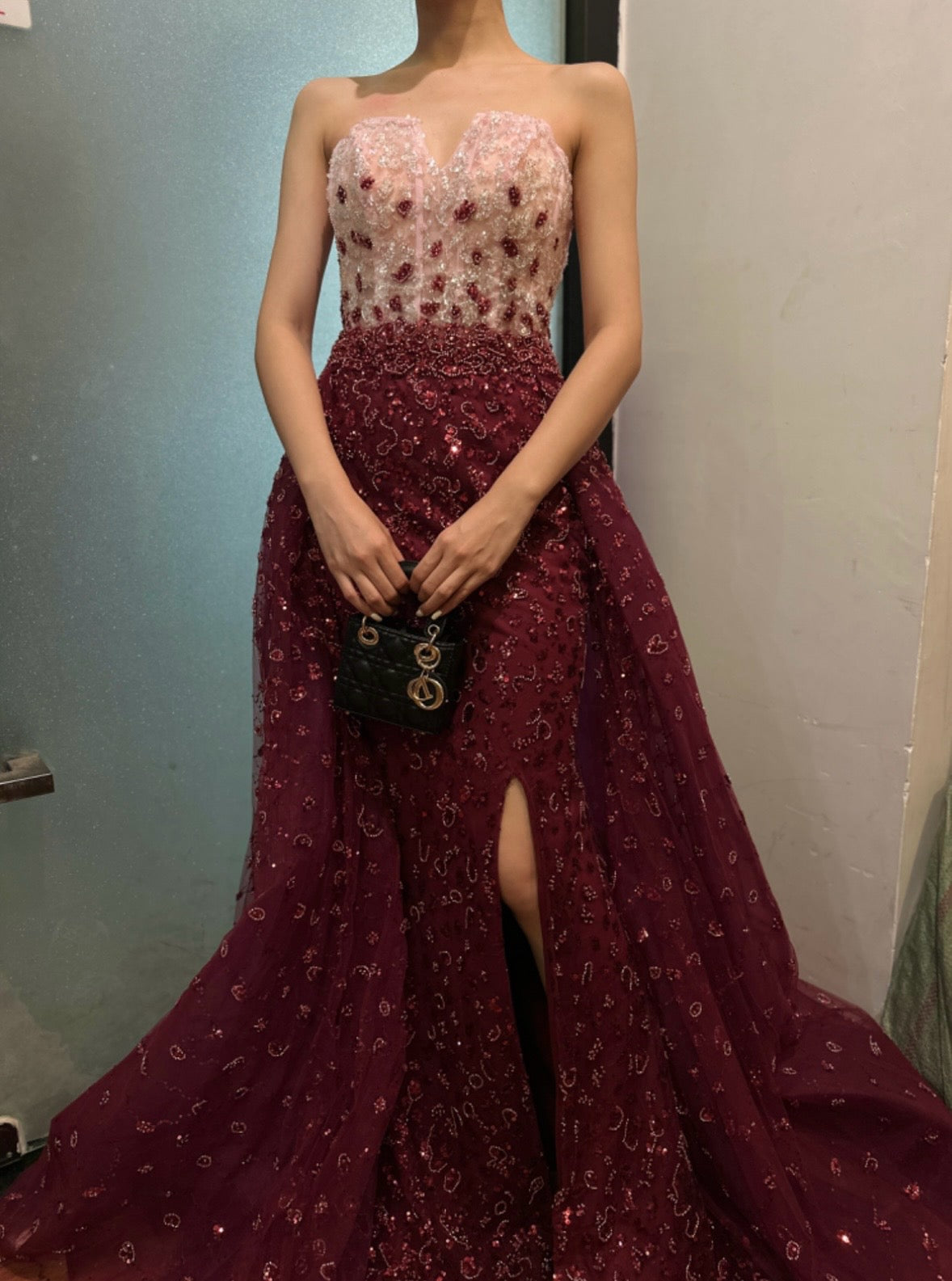 Elegant Burgundy-Blue Ball Gown with Embellished Corset