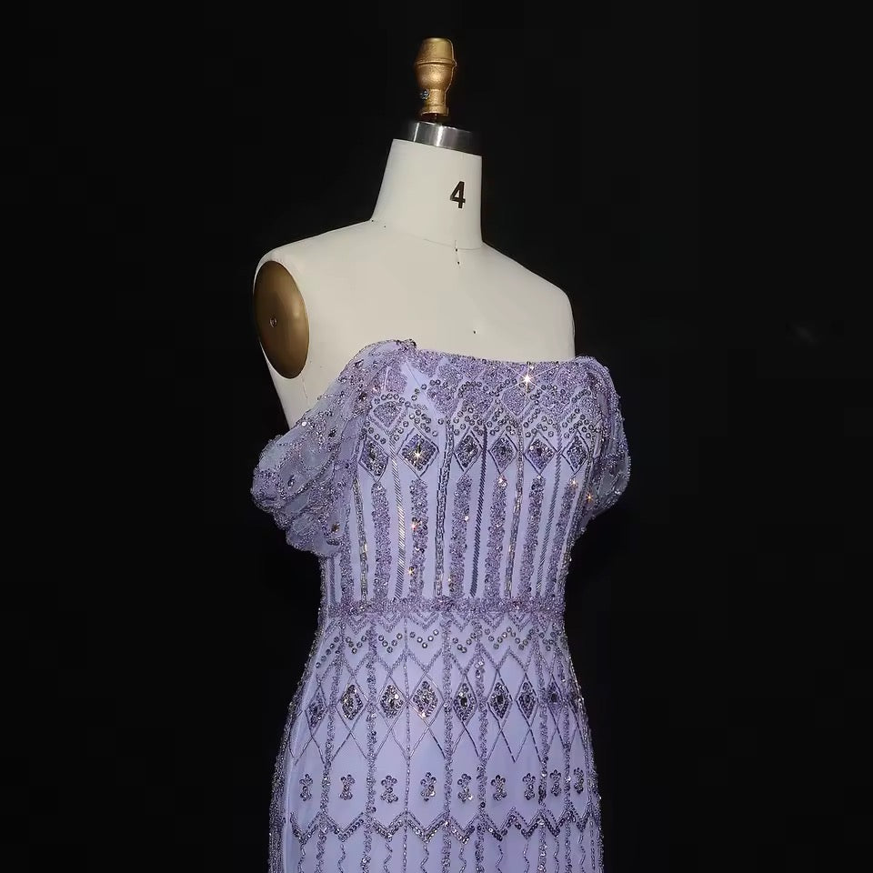 Crystal Glow” Gown – Off-shoulder embellished evening dress, available in two sleeve styles