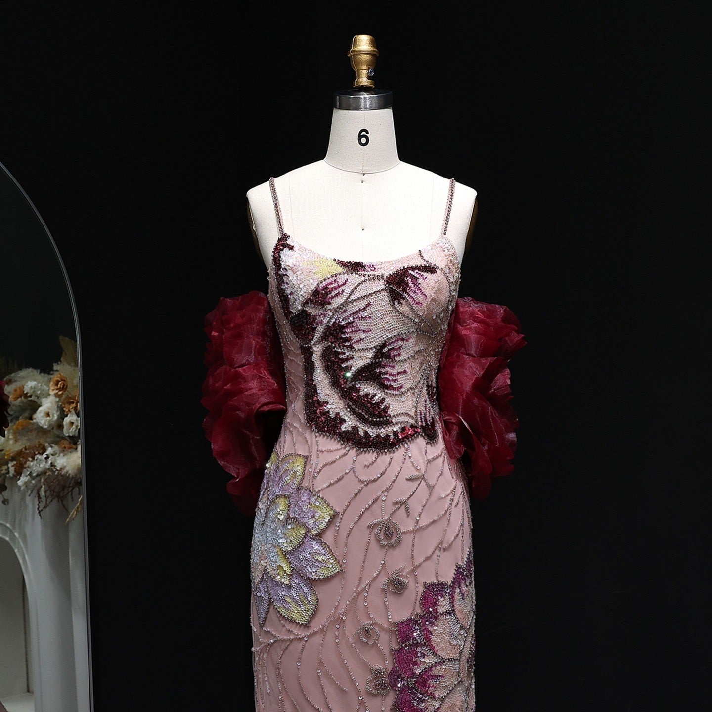 Pink Beaded Gown with Floral Embroidery and Burgundy Shoulder Shawl