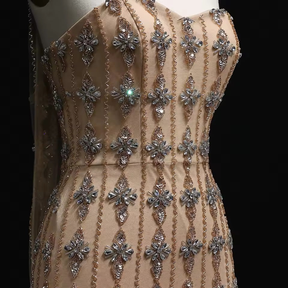 Nude Fitted Gown with Crystal Floral Embellishments and Shawl