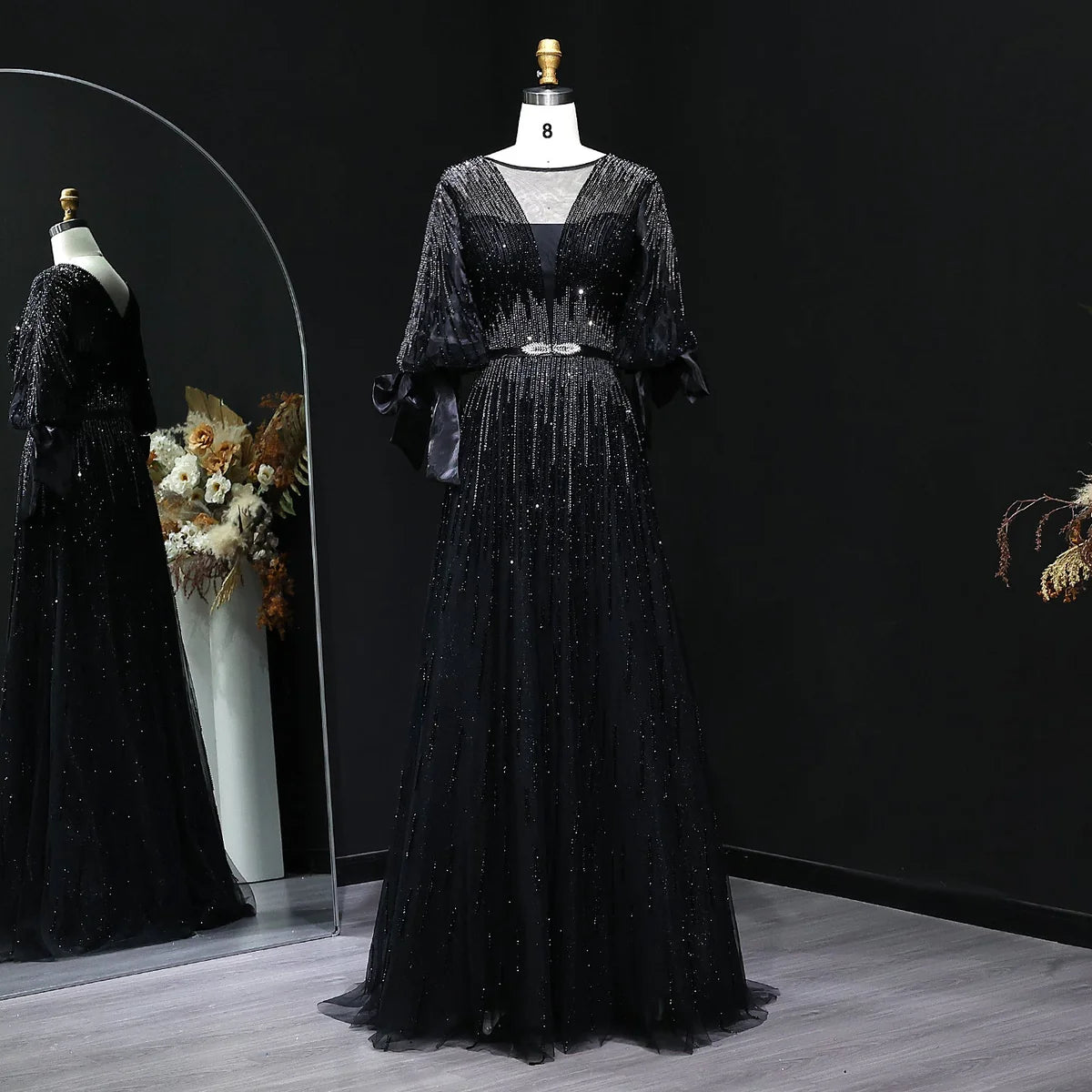 “Lumière Grace” Gown with Draped Sleeves and Vertical Crystal Beading