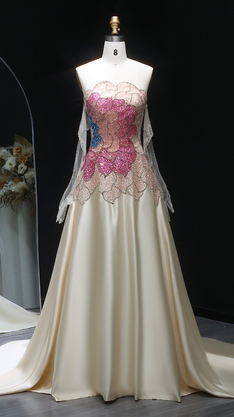 Elegant Satin A-Line Gown – Strapless Floral Beaded Bodice with Sheer Gloves