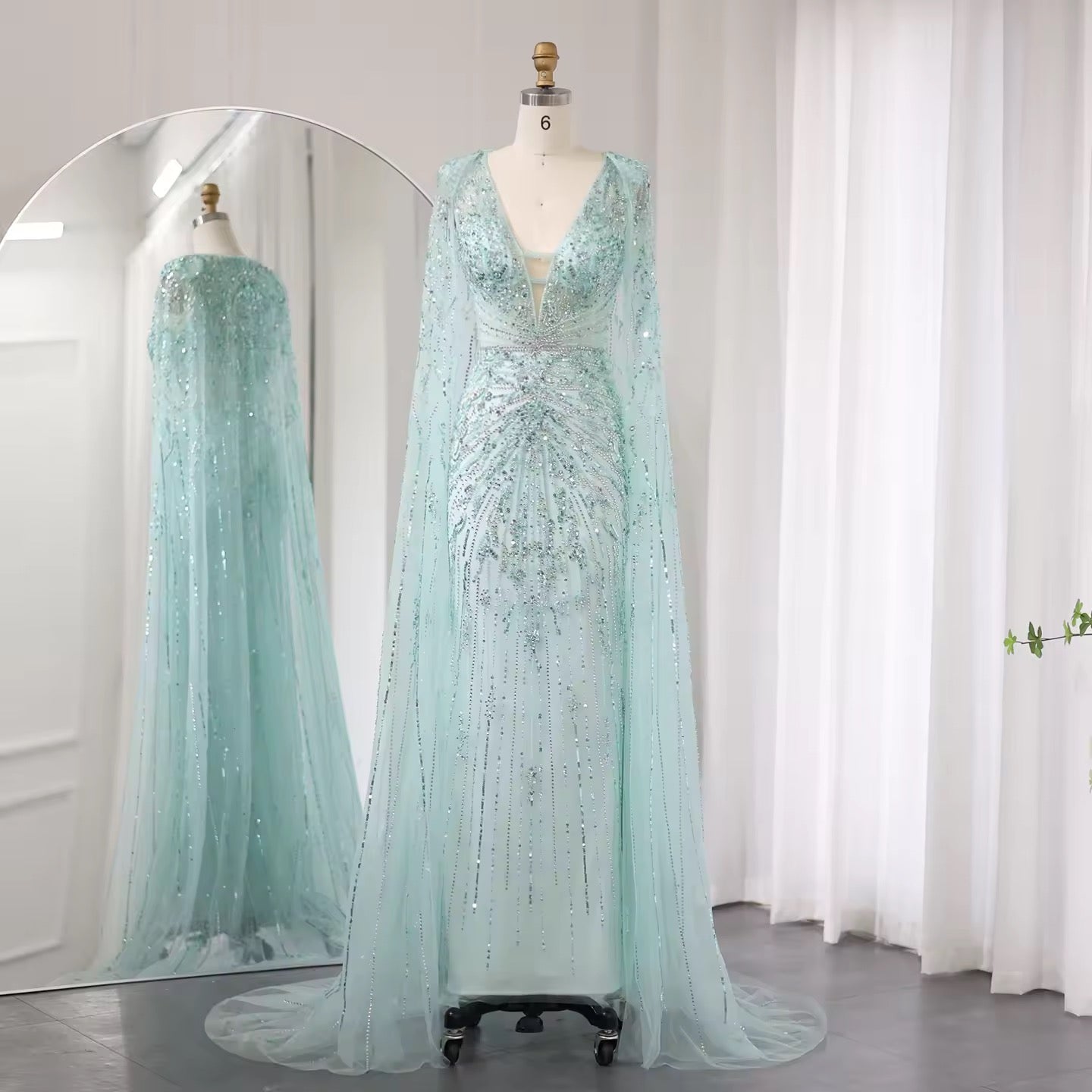 Luxury Evening Dress with Cape V-Neck