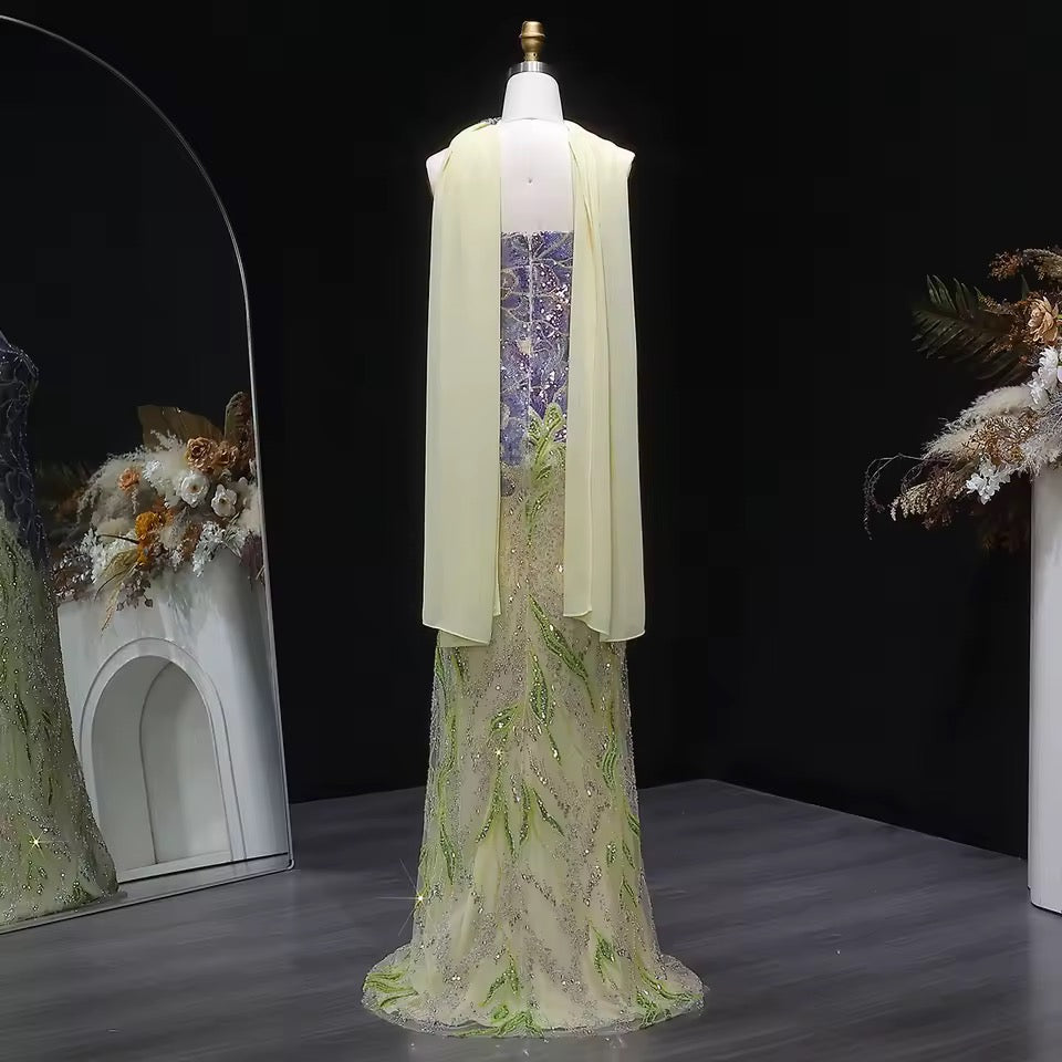 Strapless Floral Sequin Gown with Matching Scarf