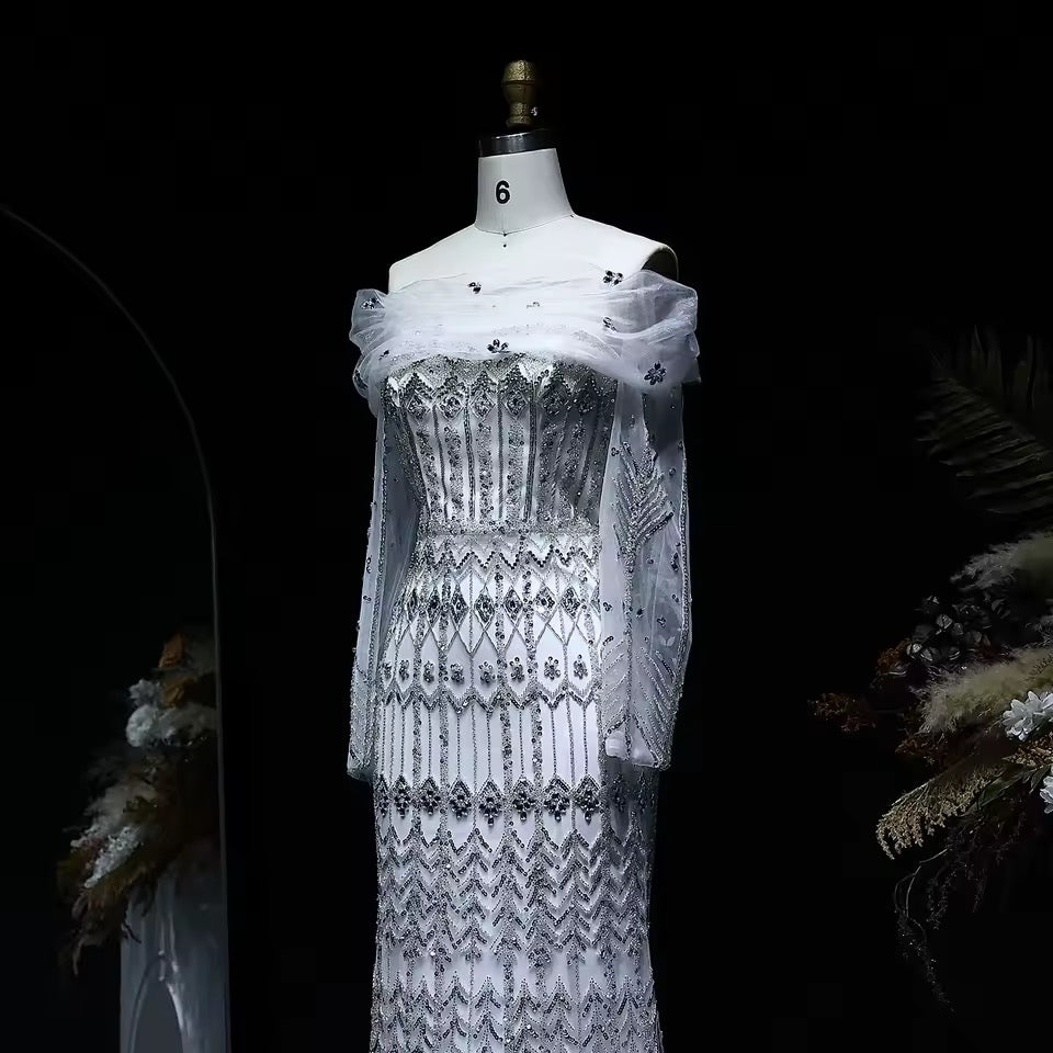 Crystal Glow” Gown – Off-shoulder embellished evening dress, available in two sleeve styles