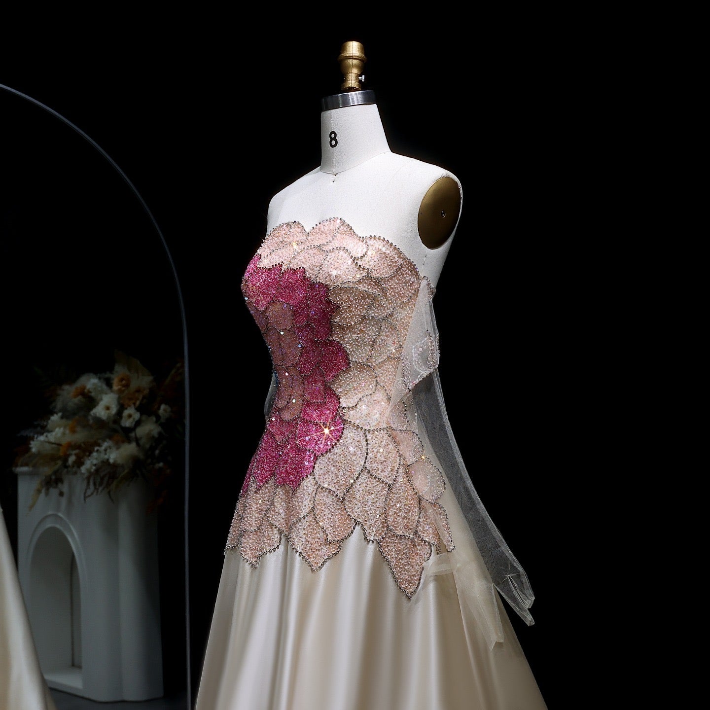 Elegant Satin A-Line Gown – Strapless Floral Beaded Bodice with Sheer Gloves