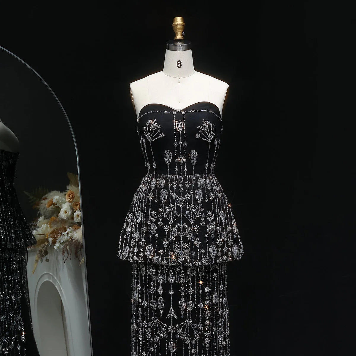 “Black Royale” Strapless Gown with Crystal Peplum and Full Embellished Skirt