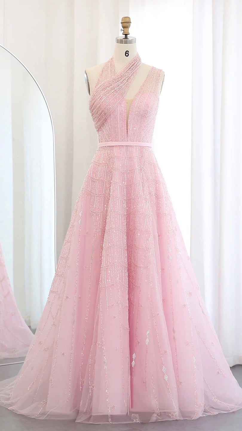 Elegant Pink Beaded Ball Gown – Sparkling One-Shoulder Formal Dress