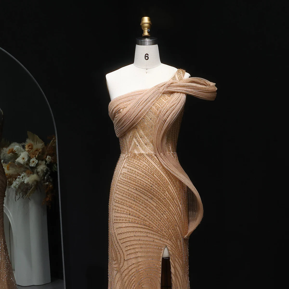 “Desert Glow” Gown – Sculpted Design with Golden Beading
