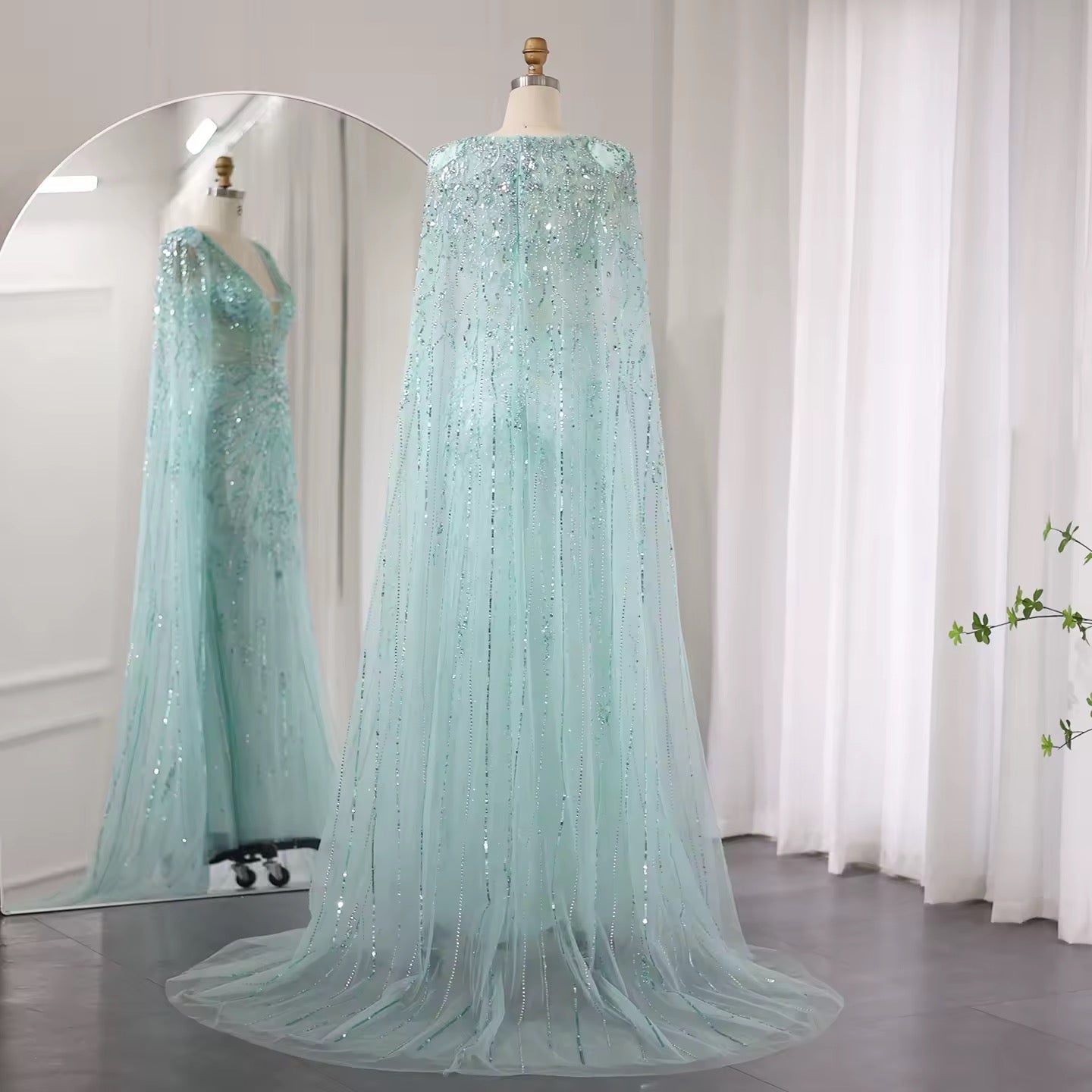 Luxury Evening Dress with Cape V-Neck