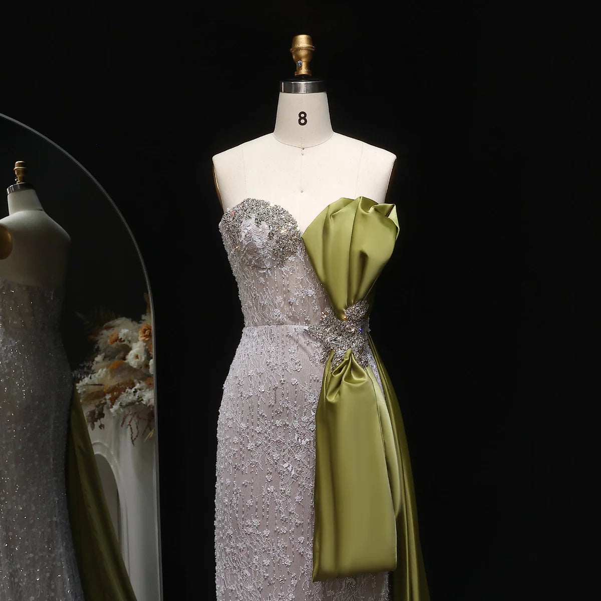 Strapless Crystal Gown with Satin Side Bow and Train
