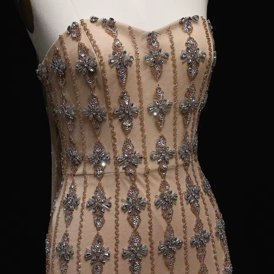 Nude Fitted Gown with Crystal Floral Embellishments and Shawl