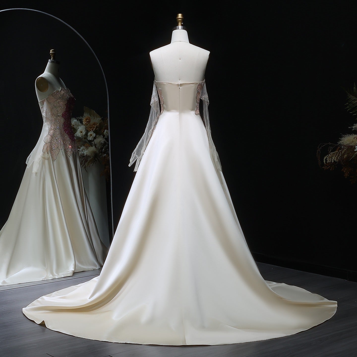Elegant Satin A-Line Gown – Strapless Floral Beaded Bodice with Sheer Gloves