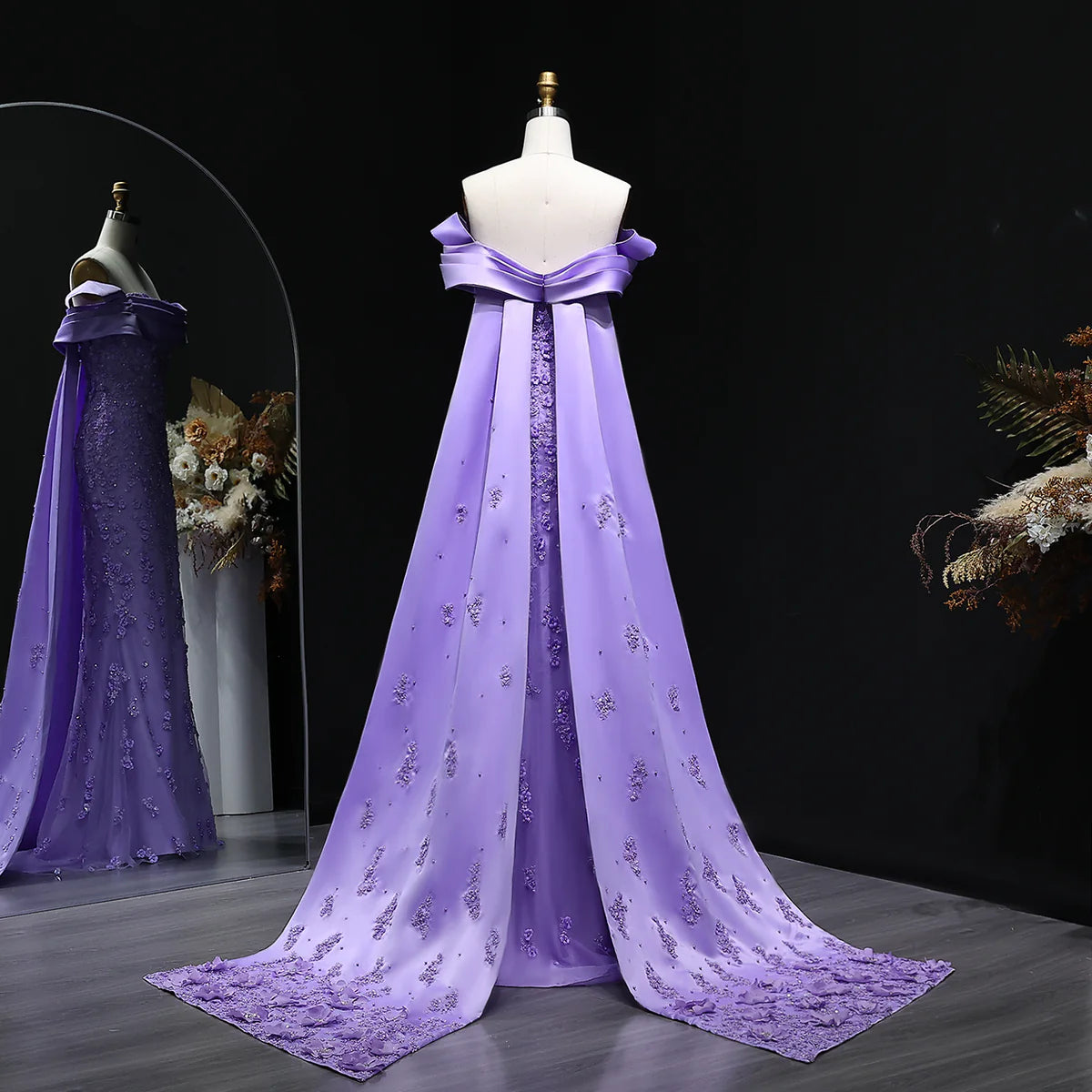 “Lilac Dawn” Gown – Royal Cut with 3D Embroidery & Luxe Train