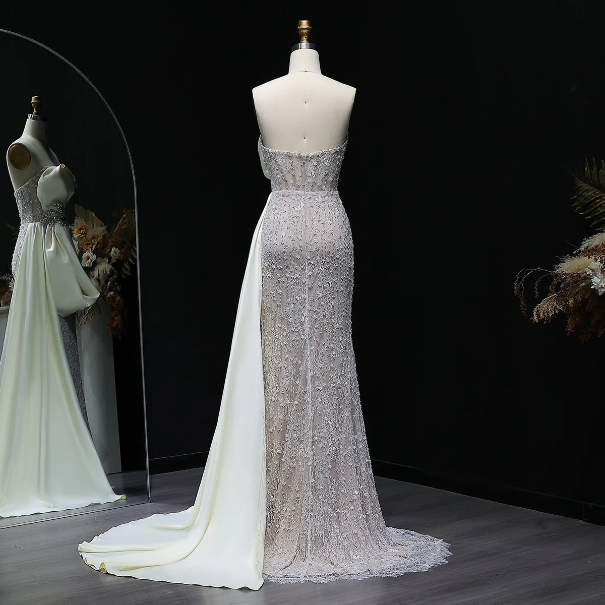 Strapless Crystal Gown with Satin Side Bow and Train