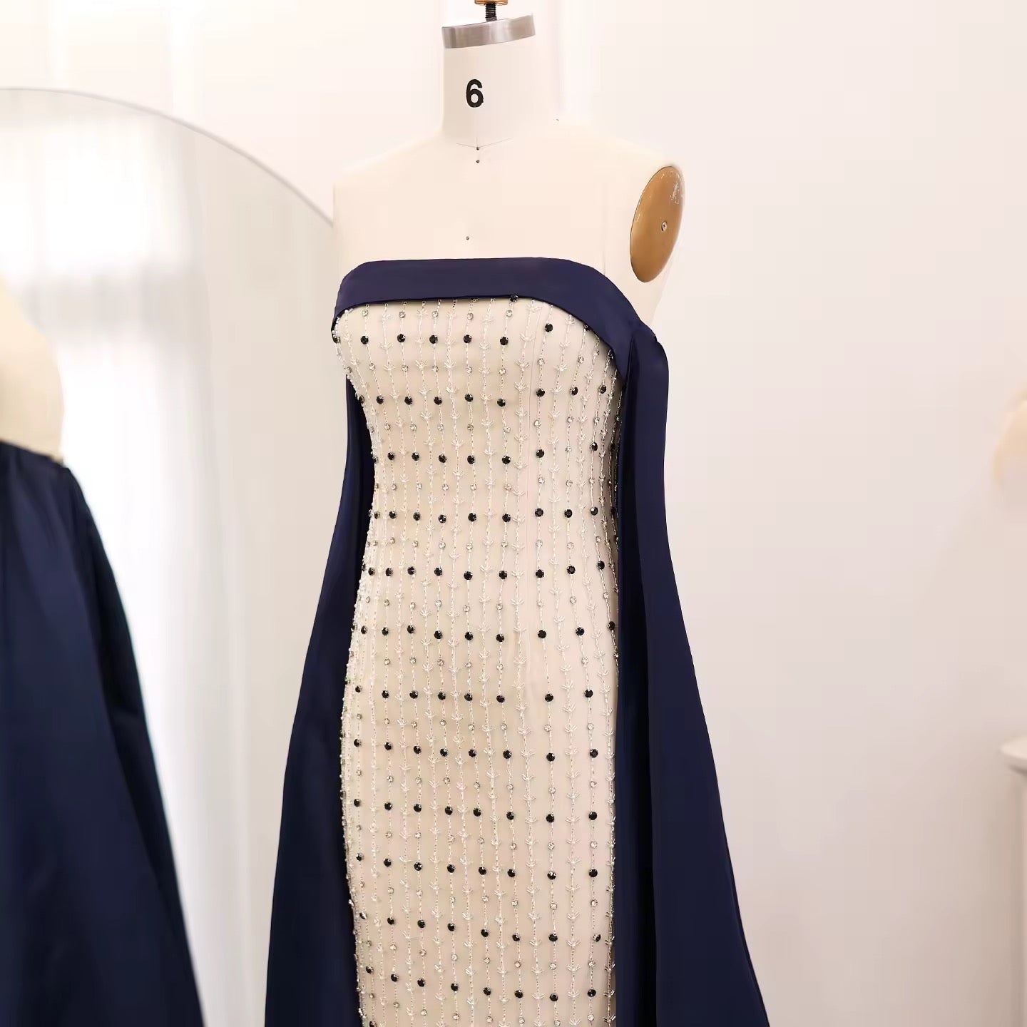 Navy Blue White Strapless Luxury Evening Dress with Cape Midi