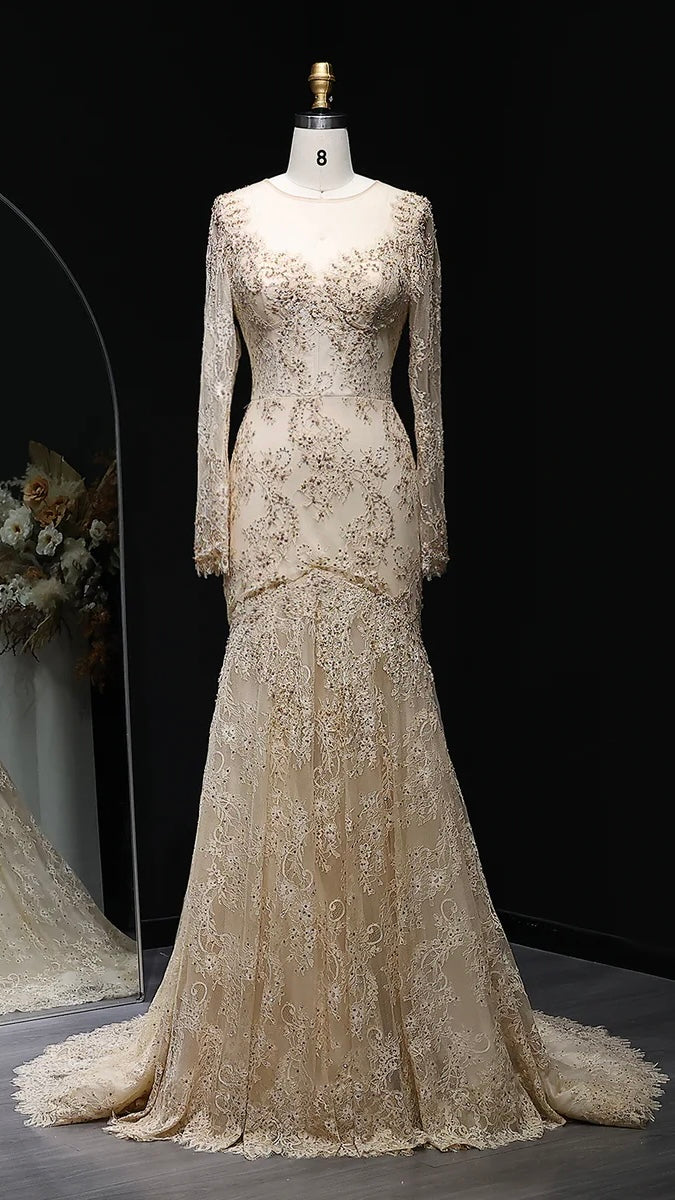 “Lace Elegance” Gown – Beaded Gold Embroidery in Mermaid Silhouette