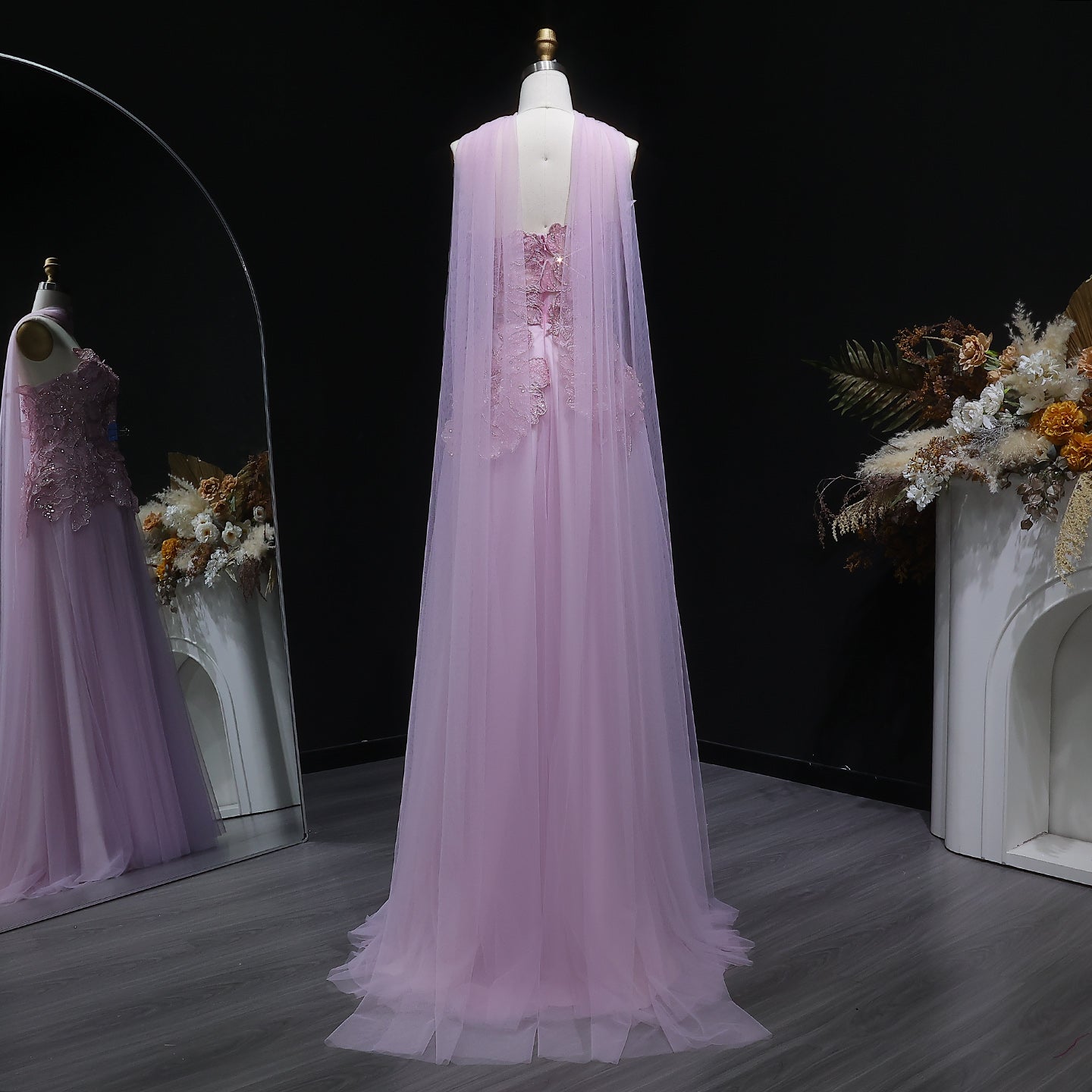 Lavender Tulle Gown with 3D Floral Appliques and Matching Neck Wrap