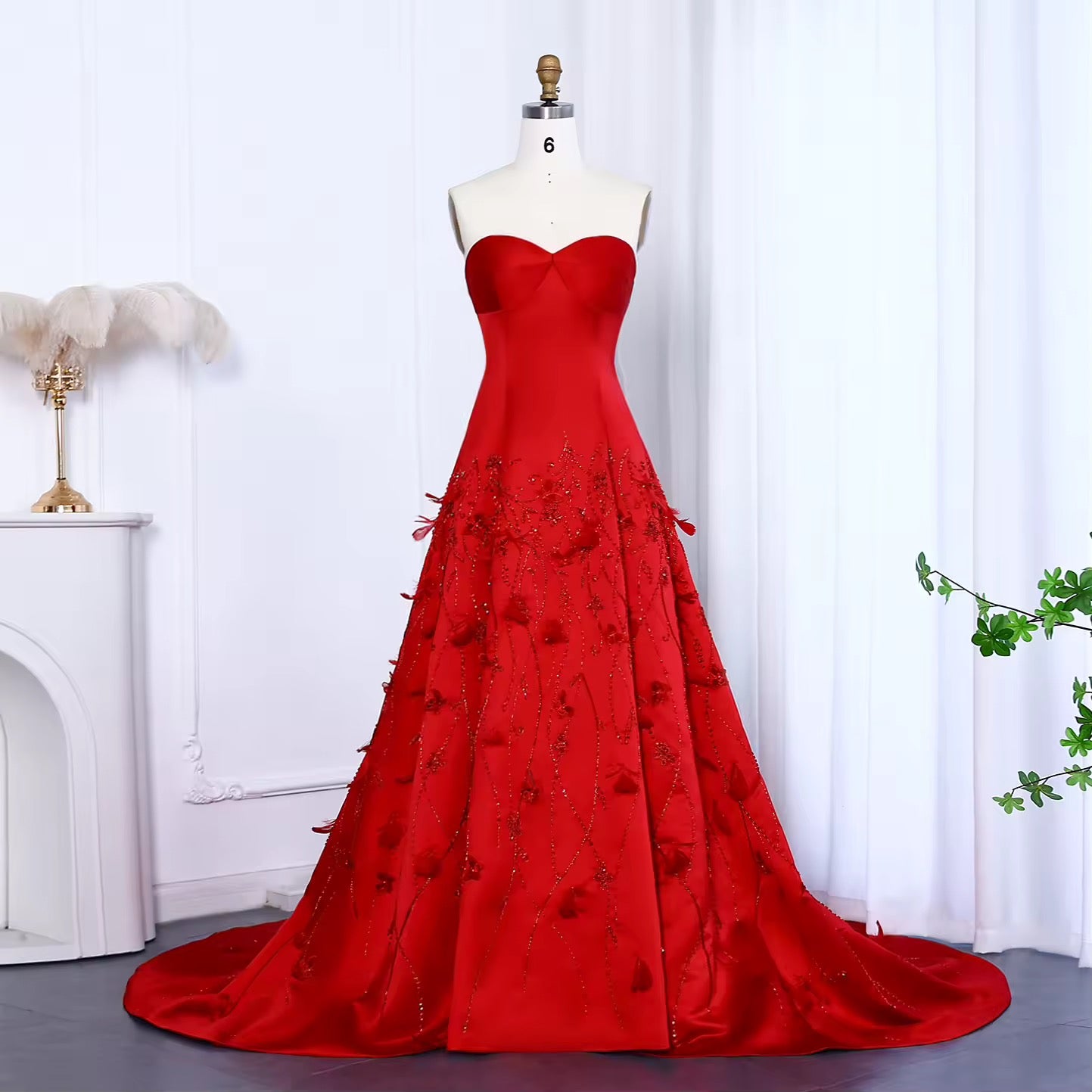 Luxury Feathers Coral Pink 3D Flowers Dress
