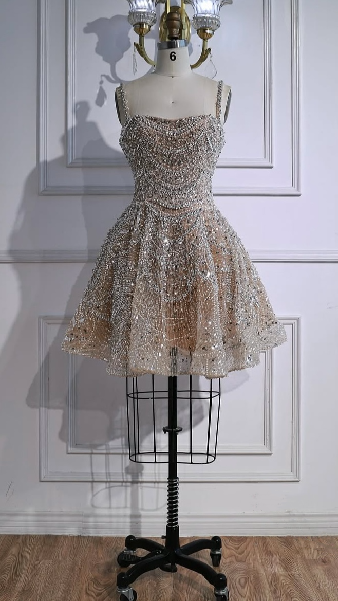 Luxury Nude Crystal A-Line Short Sparkly Cocktail Party Dress