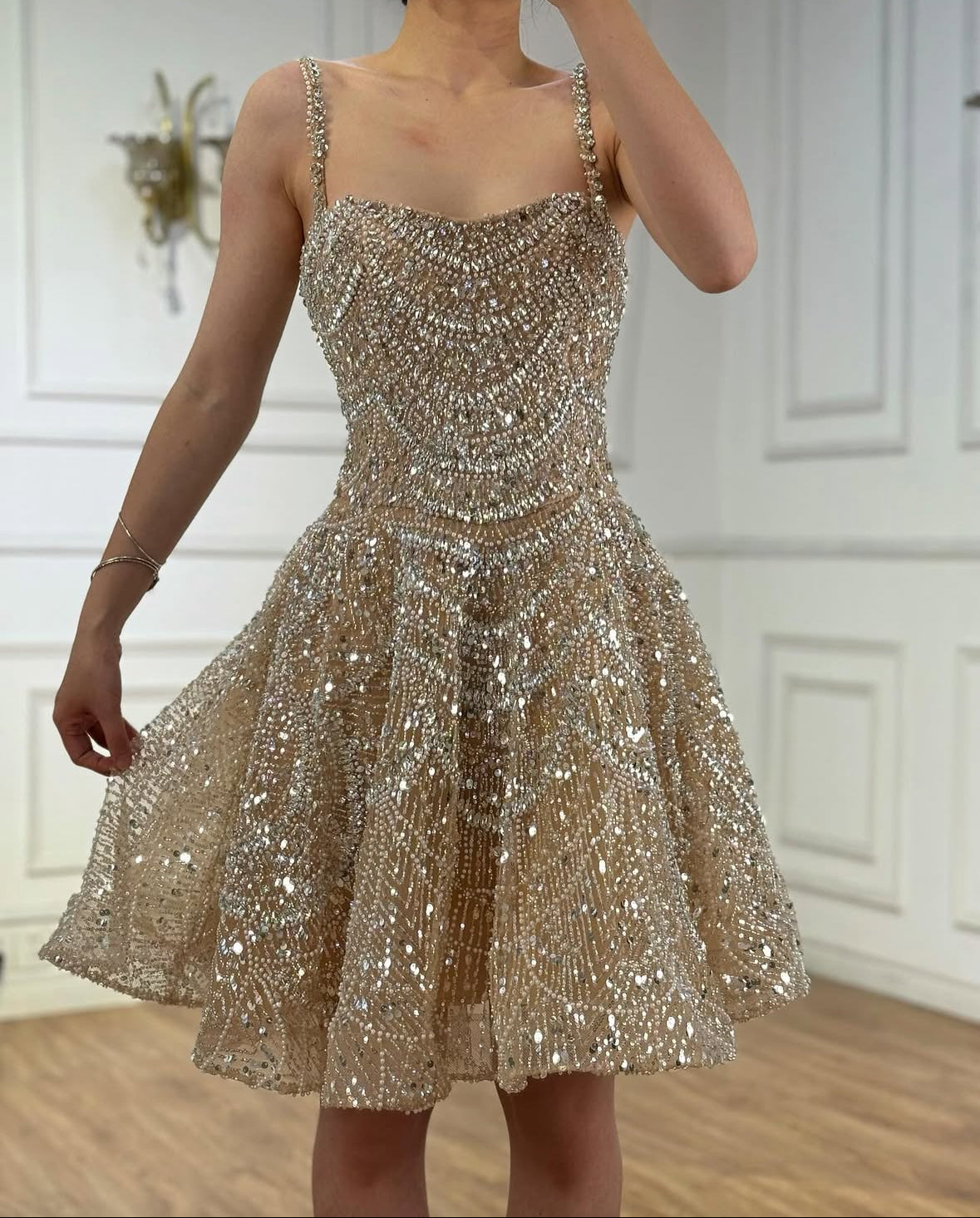 Luxury Nude Crystal A-Line Short Sparkly Cocktail Party Dress