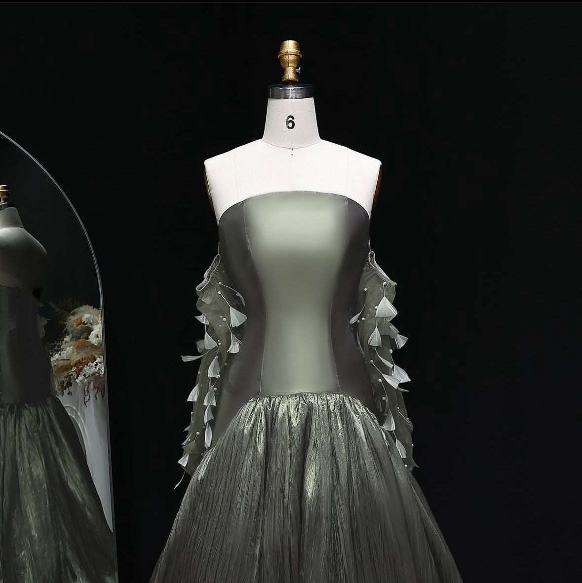 “Olive Glint” Strapless Gown with Sheer Gloves and Crinkled Metallic Skirt