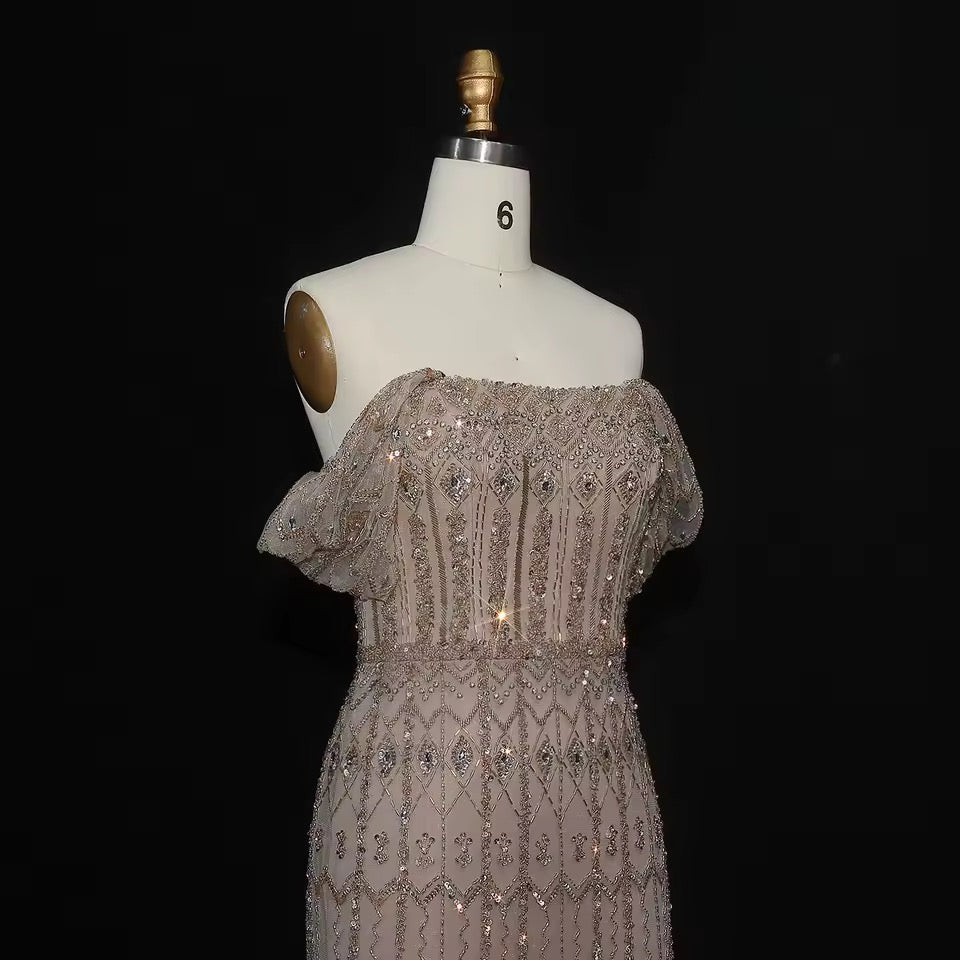 Crystal Glow” Gown – Off-shoulder embellished evening dress, available in two sleeve styles
