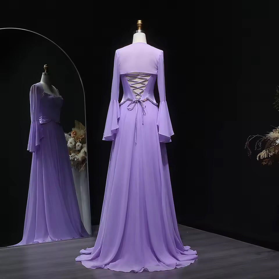 Lavender dress with flowy sleeves and soft crystal embroidery