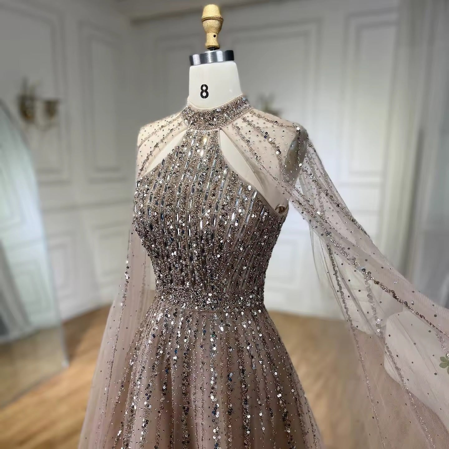 High-Neck Evening Gown with Sparkling Tulle Cape