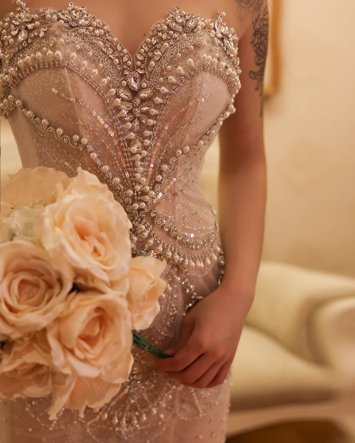 Luxury Crystal Pearls White Nude Mermaid Wedding Dress