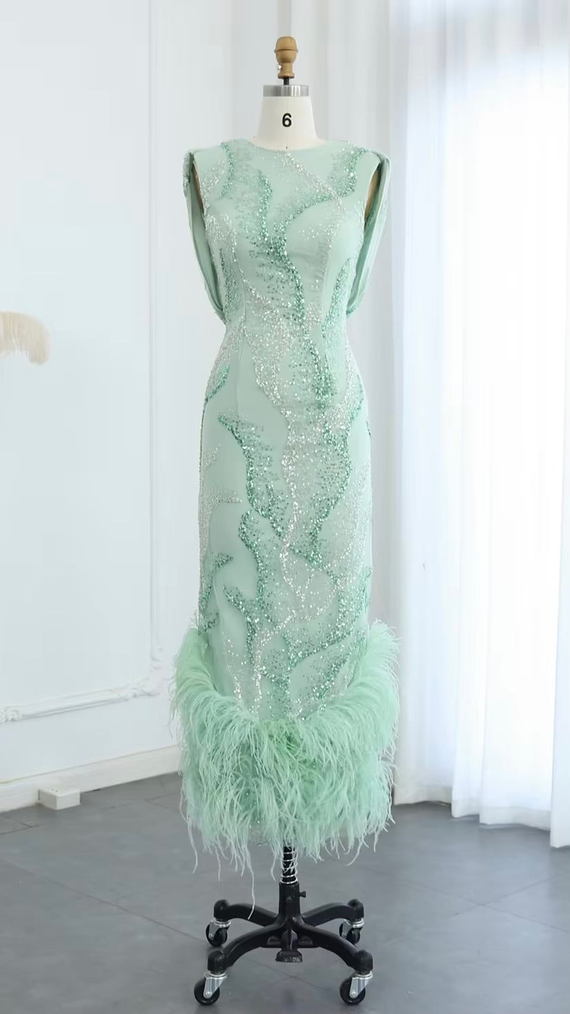 Luxury Feathers Sage Green Elegnt Evening Dress